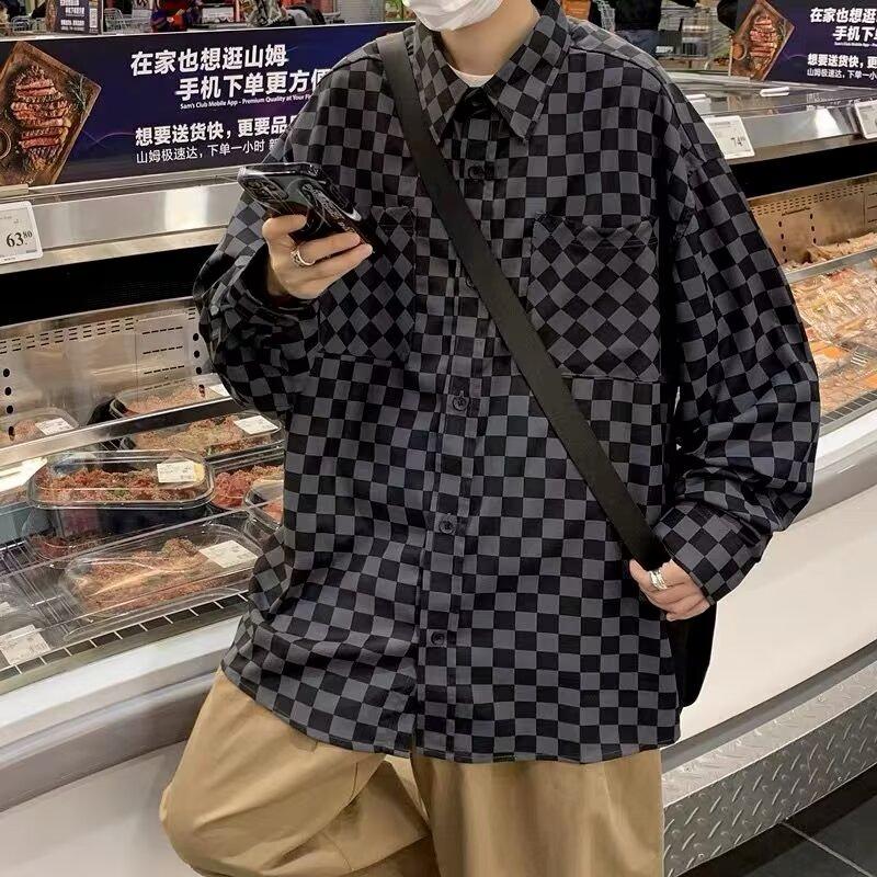 

2024 Повседневная свободная рубашка с лацканами в клетку для мужчин среднего возраста и молодых мужчин, деловая повседневная модная куртка для мужчин 3XL чёрный