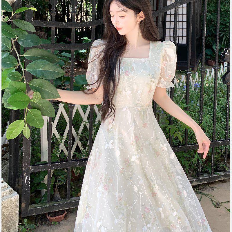 Plus size French style Fresh Dress Women Summer Gentle Embroidery Long dress Chubby Girl Belly Covering Slimming A- line Skirt.