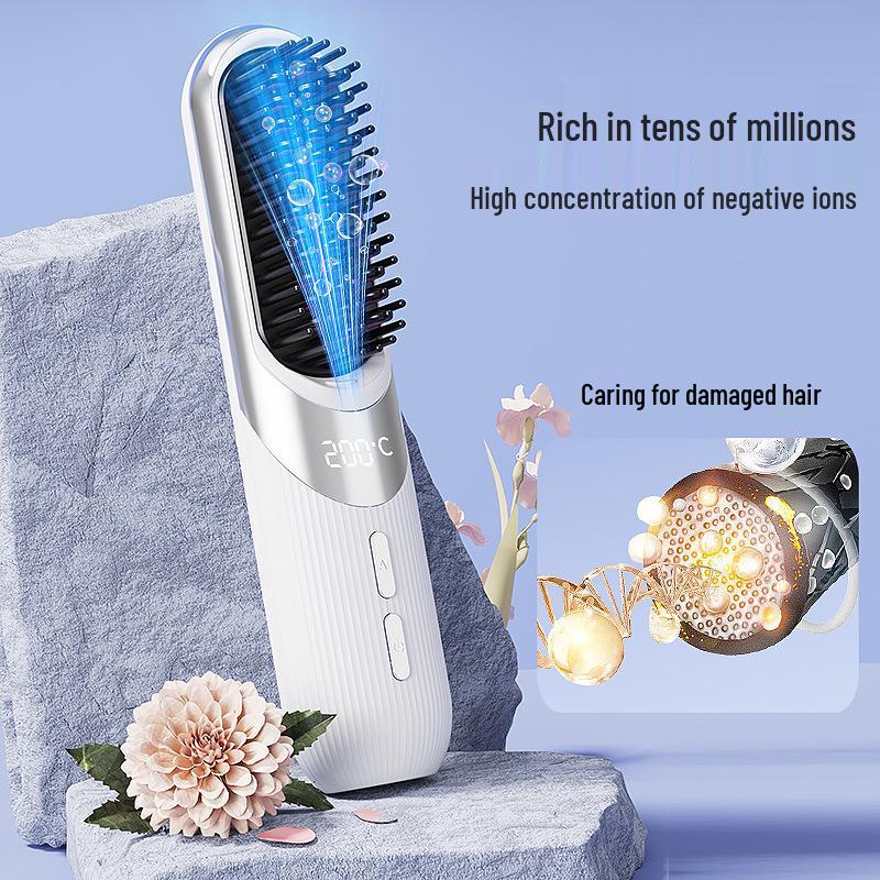 Rechargeable Portable Wireless Hair Straightener Comb with Negative Ions for Safe, Damage-Free Styling.