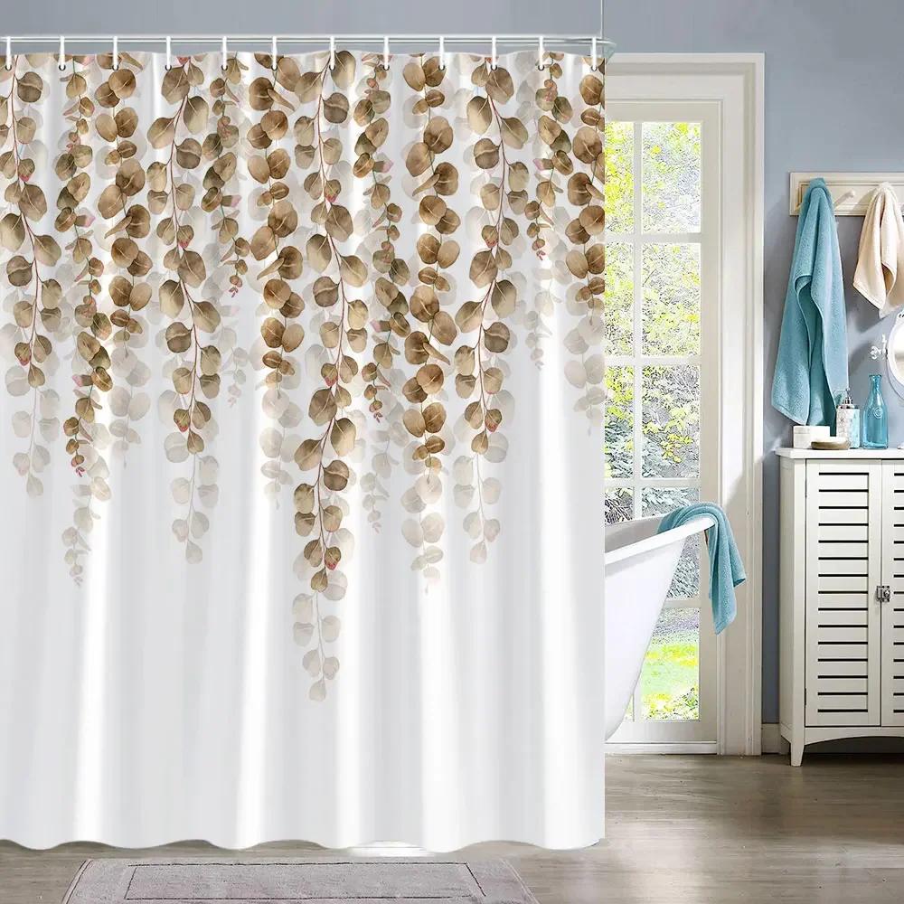 Eucalyptus Leaves Shower Curtain for Bathroom Green Leaf Plant Decorative Bath Curtain Polyester Bathroom Curtain Set With Hooks