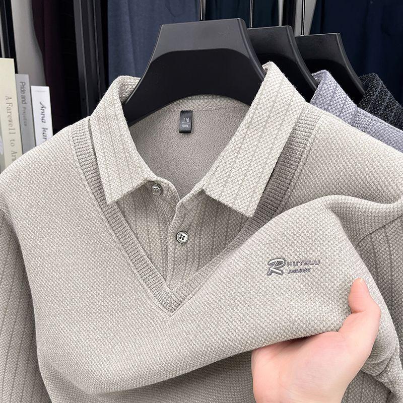 Mens Sweater Polo Collar Label Patchwork Stripes Plush Wool Liner Knitted Thickened Sweater Print Thermo Menswear