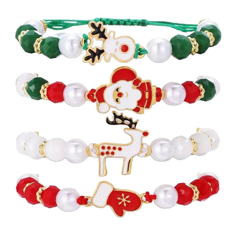 Holiday Pearl Beaded Bracelet Set with Santa & Reindeer Charms - Unisex Festive Hand Rope