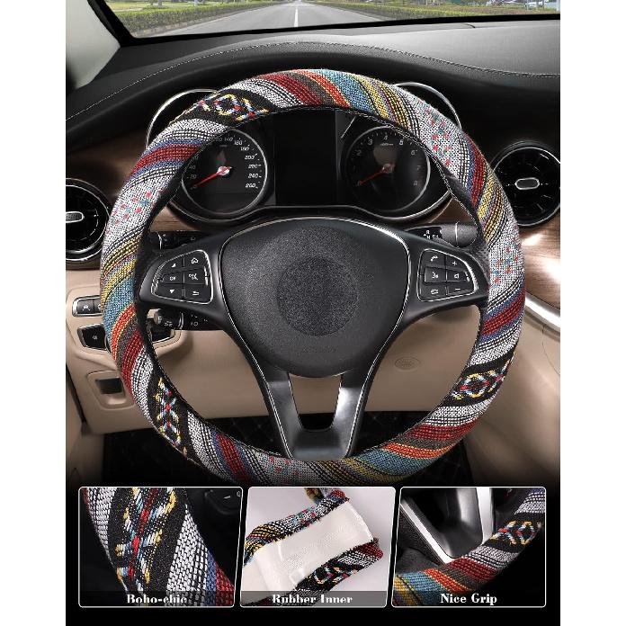 SEG Direct Boho Steering Wheel Cover With Baja Blanket Cloth, Ethnic Style Auto Wheel Cover Made Of Coarse Flax, Fits 14 1/2-15 1/4 Inches Car Wheel