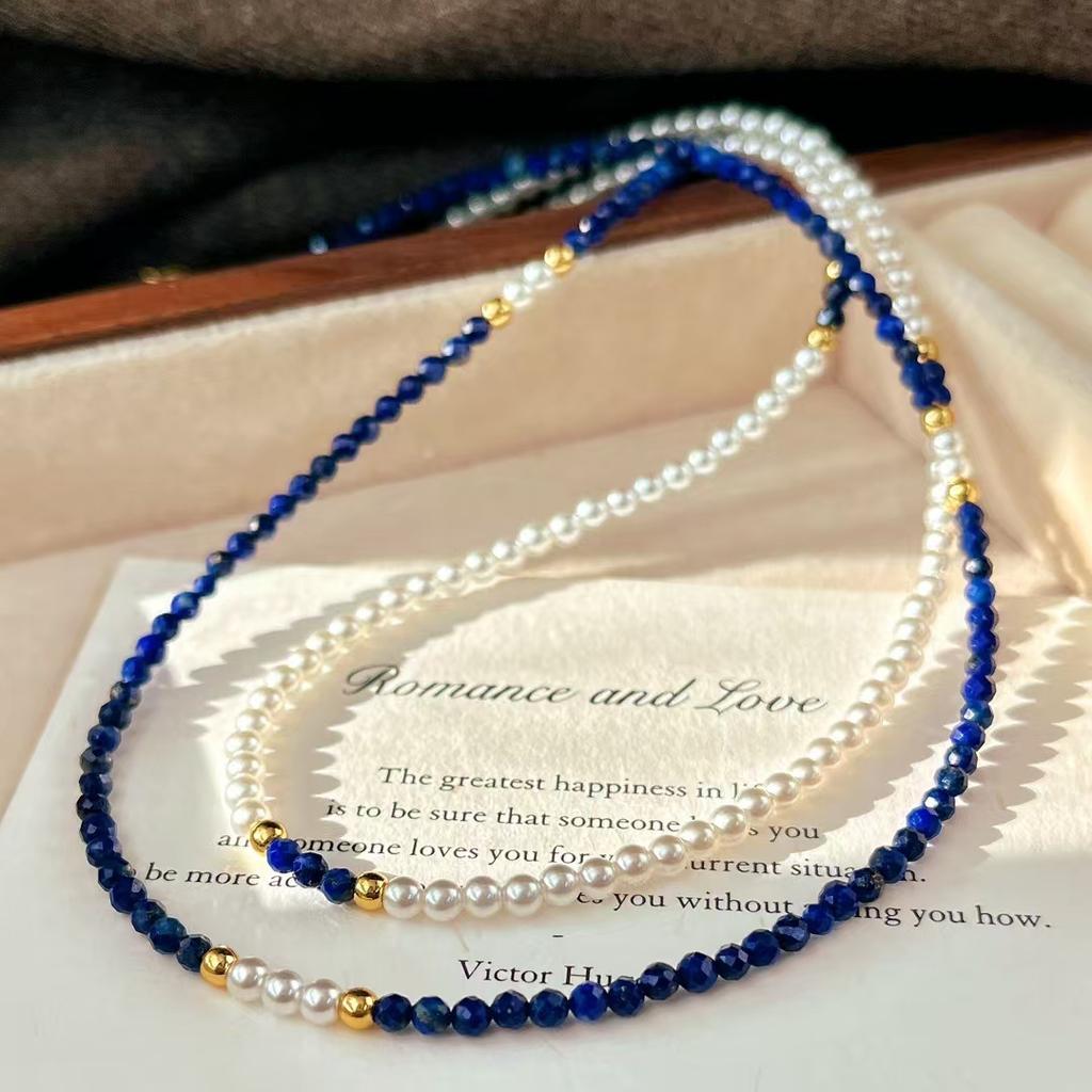 Vintage High Quality Natural Lapis Lazuli Artificial Crystal Pearl Double Clavicle Chain Necklace Sweater Chain