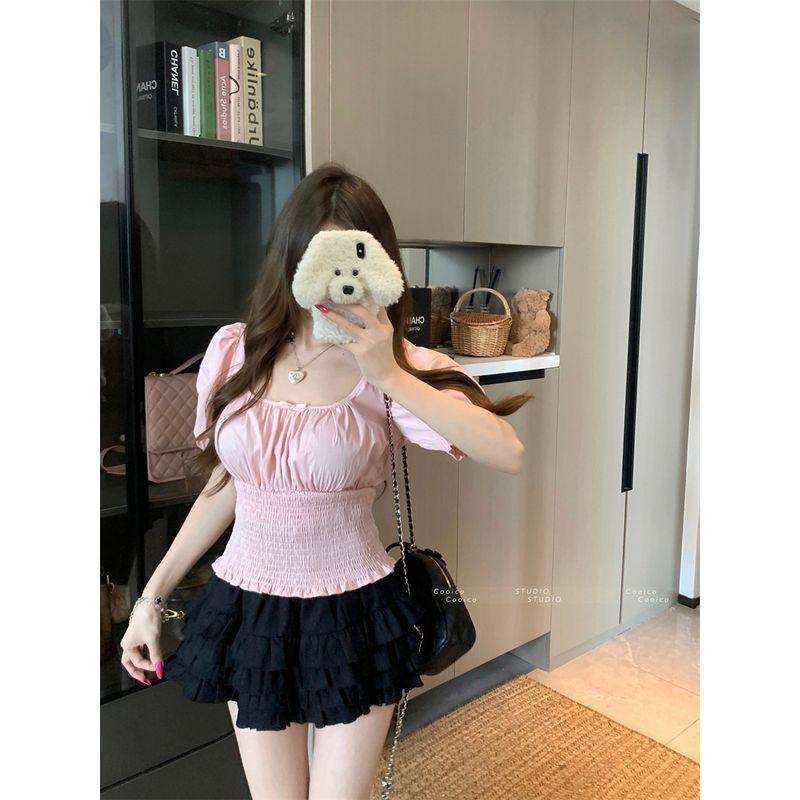 Kumikumi Sweet U Collar Puff sleeve Shirts Women Summer New Niche Bow Waist Hugging Slimming Top