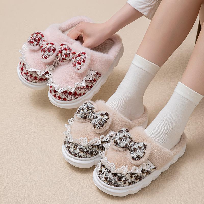 Cartoon bow wool slippers autumn and winter home living room bedroom warm fleece soft bottom lightweight cotton slippers