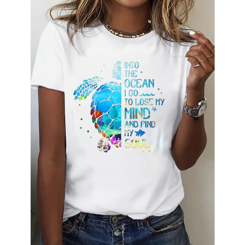 Ocean Turtle Print Crewneck Short Sleeve Cotton Graphic T-shirt with Inspirational Quotes for Beach Lovers