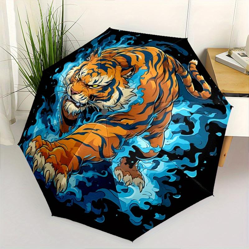 1pc Blue Flame Tiger Pattern Automatic Umbrella Is Fashionable and Good-Looking,  Suitable for Travel and Daily UseC012
