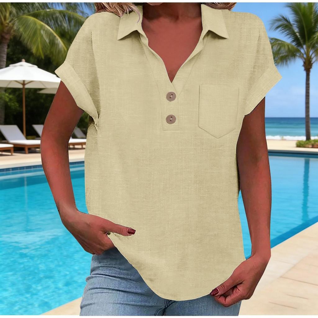Women's Fashion Casual -Colour Buttoned Pocket Collared Short-Sleeved Shirt T-Shirt Top