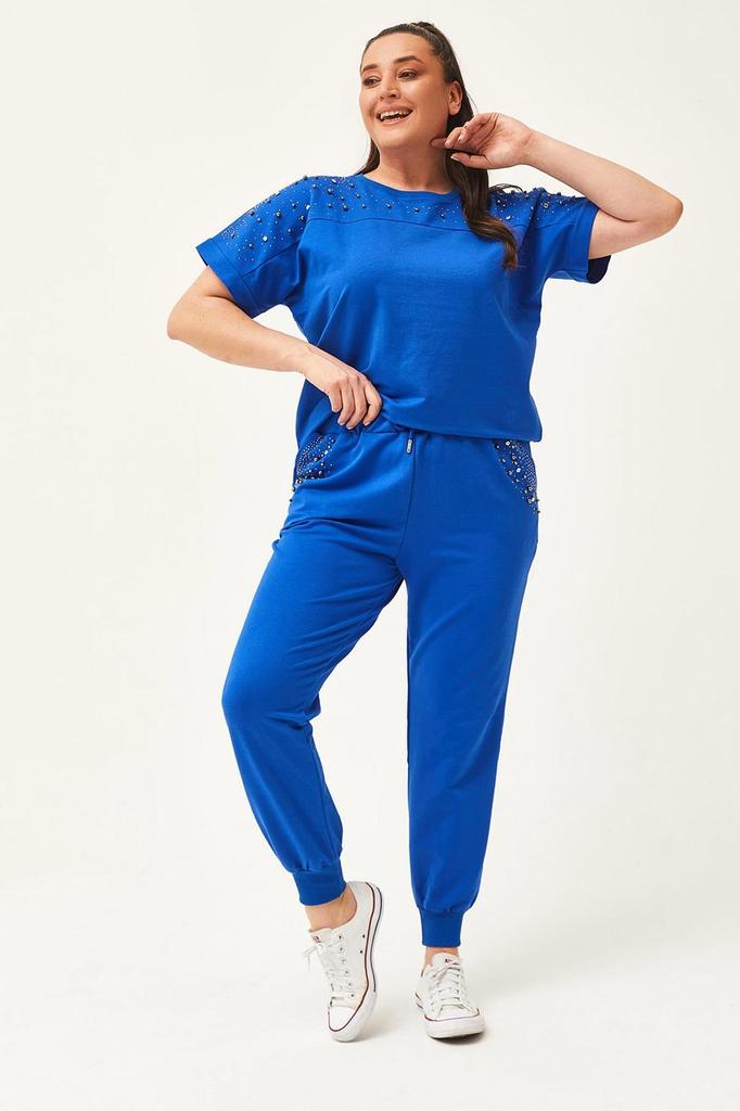 Set de trening de marime mari la moda pentru dama Set de trening de vara verde cu maneca scurta, detaliat cu piatra si margele