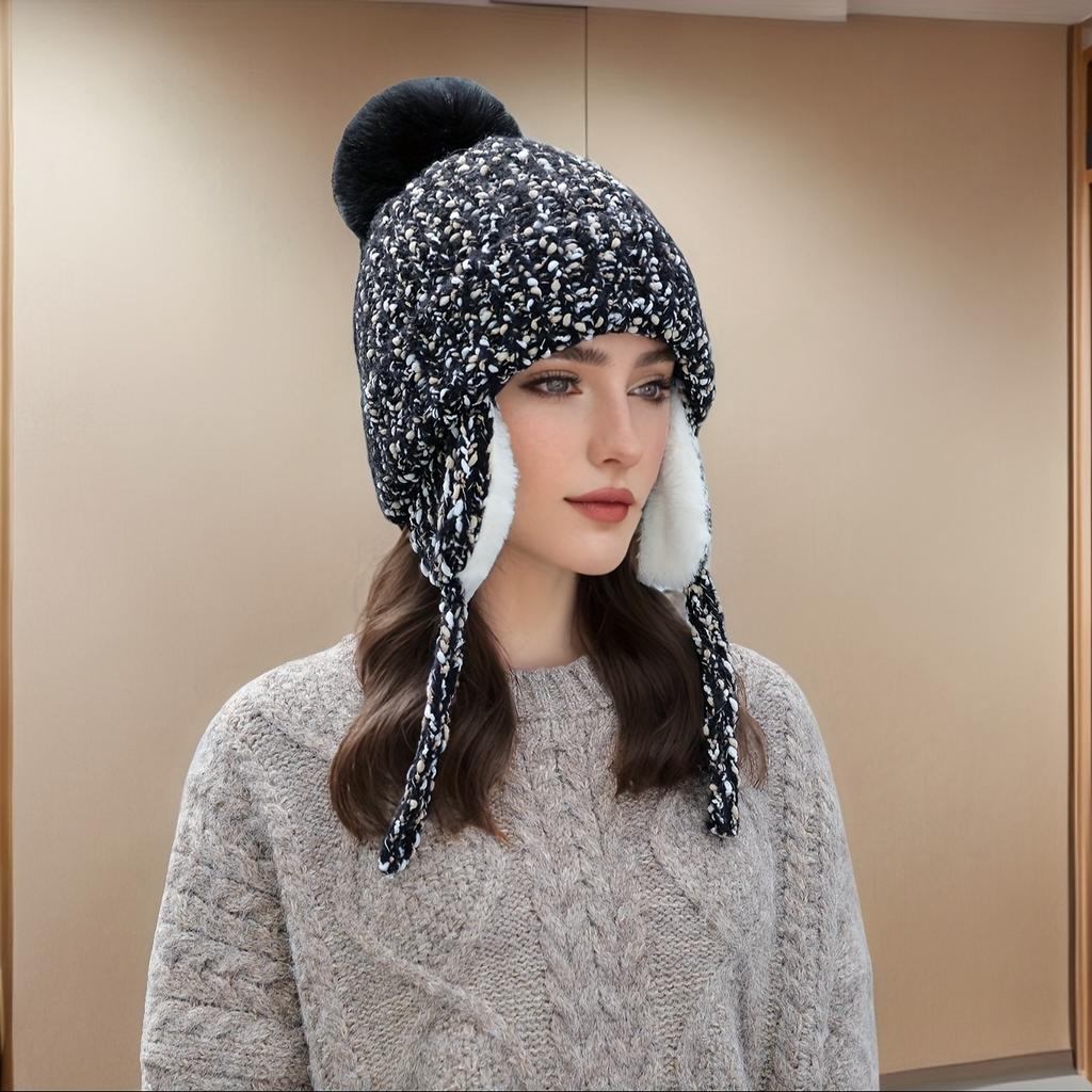 Women's Fleece Winter Hat with Detachable Ear Flaps & Pom-Pom Trim - Elastic Pull-String Closure, Cold Weather Outdoor Activities