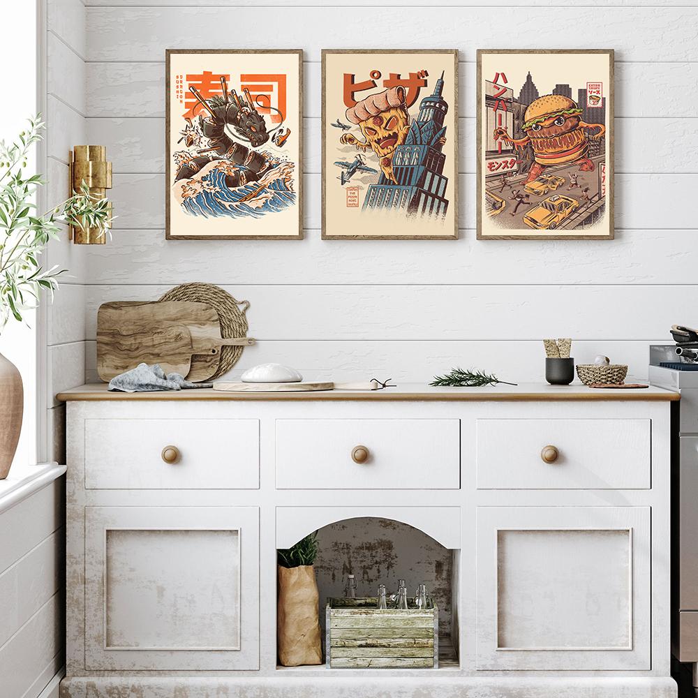 Japanisches Essen Nudeln Cartoon Malerei Druck Wandkunst Leinwand Poster Abstraktes Bild für Küche Esszimmer Heimdeko Cuadros