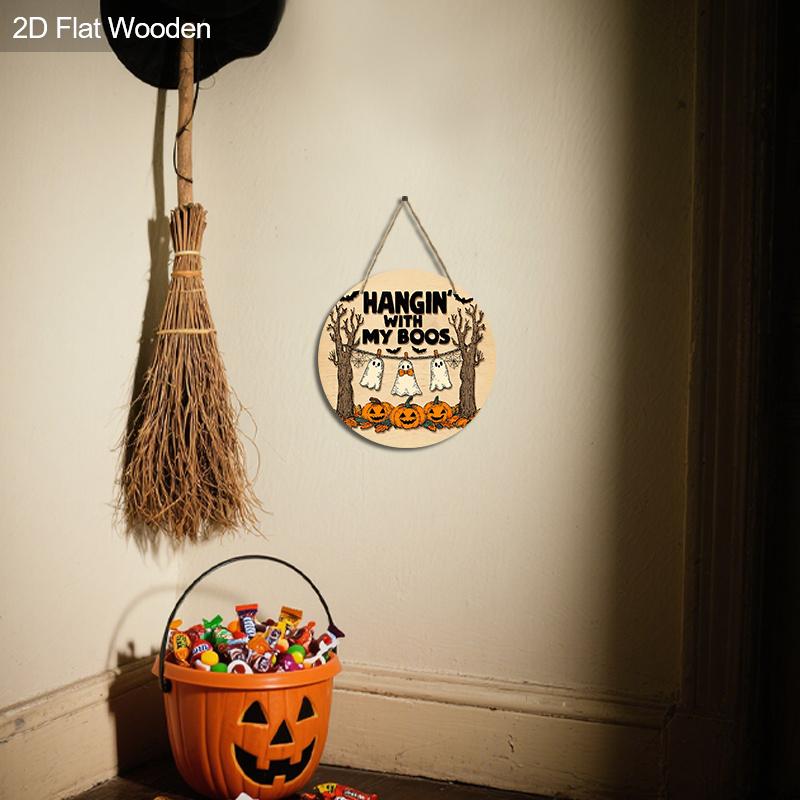 Rustic Halloween Wooden Sign with Ghosts & Pumpkins Pattern - Figurine Ornaments - Ideal for Front Door, Wall Decor - Ideal Halloween Gift for Friend