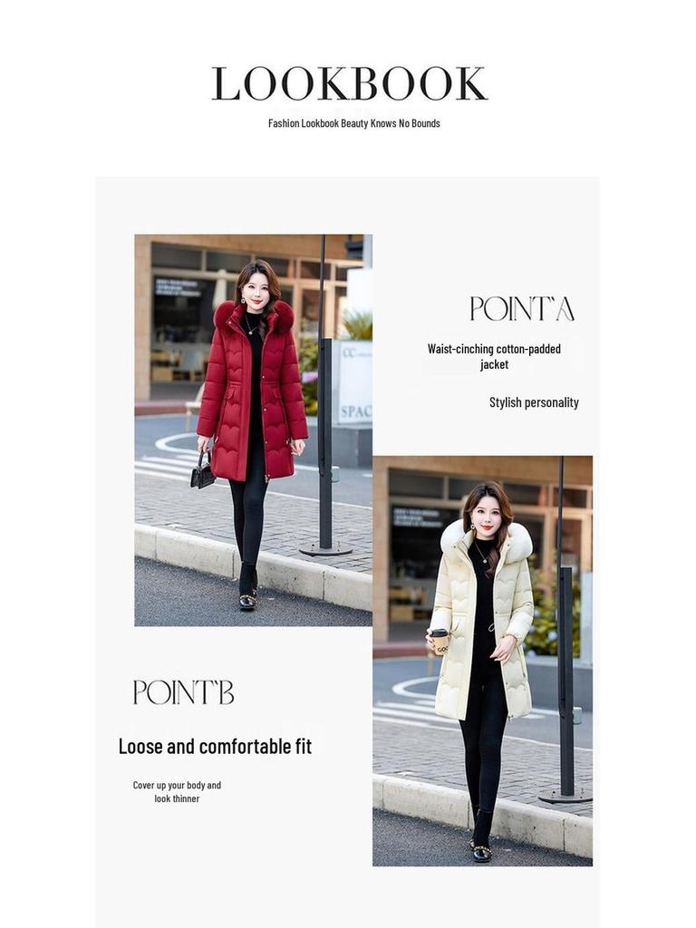 Women's Mid-Length Winter Fur Collar Hooded Cotton Jacket - Fashionable Slimming Warmth