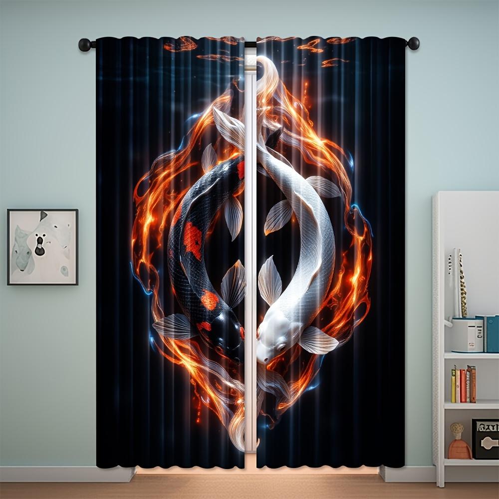 2 Stück   Feuriger Koi-Fisch Fantasy-Kunst Künstlerischer Druck Polyester Vorhänge Stangentaschen-Design Lichtfilternd für Schlafzimmer Wohnzimmer Aus