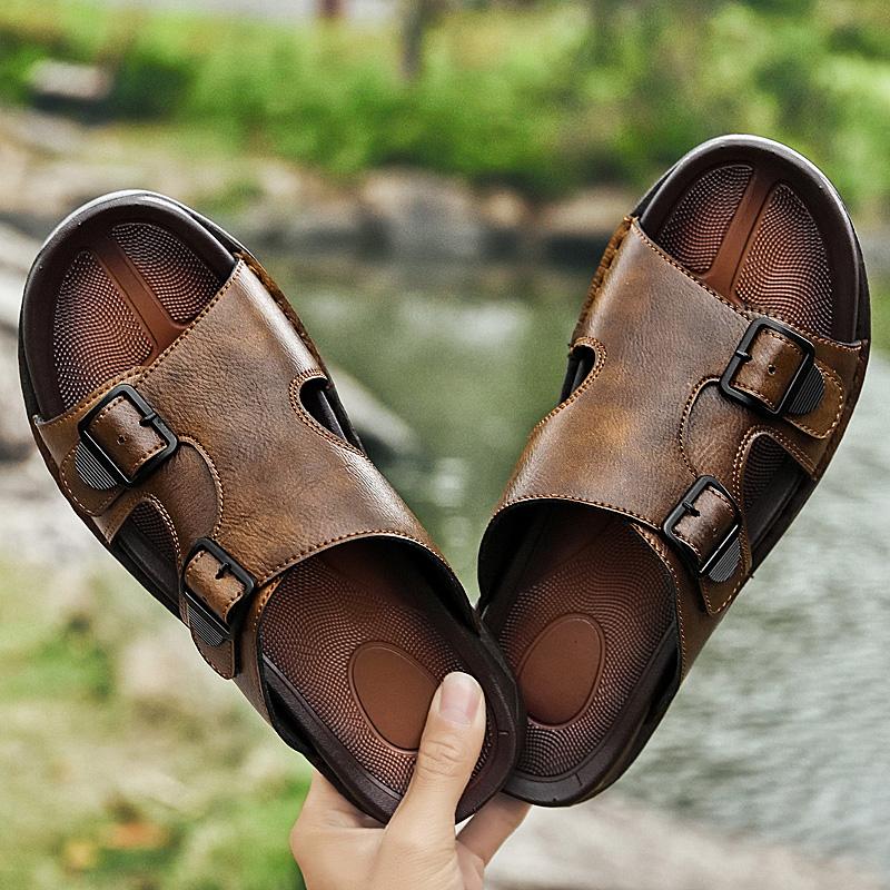Fashion Luxury Brand Size 37-46 Summer Sandals Genuine Leather Outdoor Men's Slippers Anti Slip Soft Sole Quality Slippers Beach Shoes