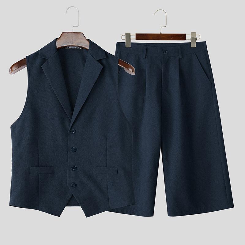 INCERUN Two-piece Suits Men Sleeveless Thin Waistcoat and Cropped Pants Sets