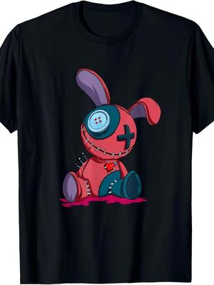 MenS Spooky Pink Bunny with Goggles Halloween TShirt  Black Horror Graphic Tee for Adults Machine Washable Regular Fit