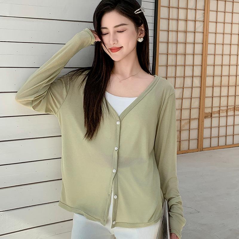 Tencel Cardigan Korean V Neck Knit Top Solid Summer Air Conditioning Cover Long Sleeve Base Layer Women Slim Fit
