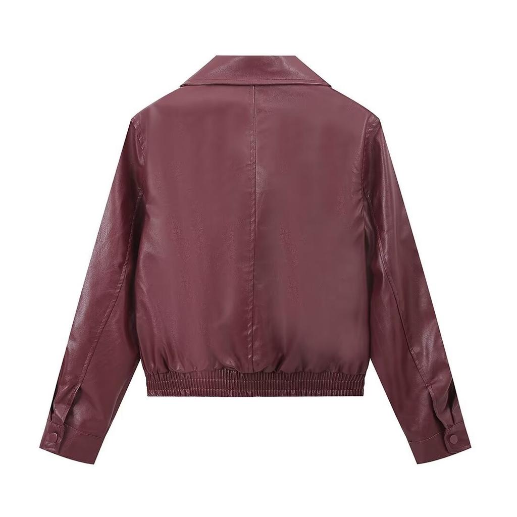 2024 European and American cross-border autumn and winter fashion women's commuter jacket lapel long-sleeved zipper leather jacket short jacket