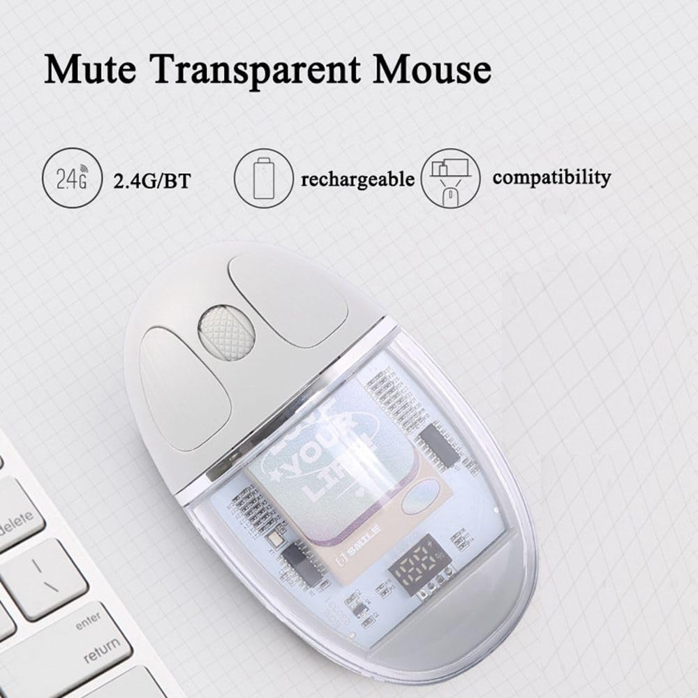 MU-08 Transparent Mouse, Quiet, USB Wireless, Bluetooth, Crystal Clear, 7-Color Backlight, Compact, Lightweight, Rechargeable, Dual-Device