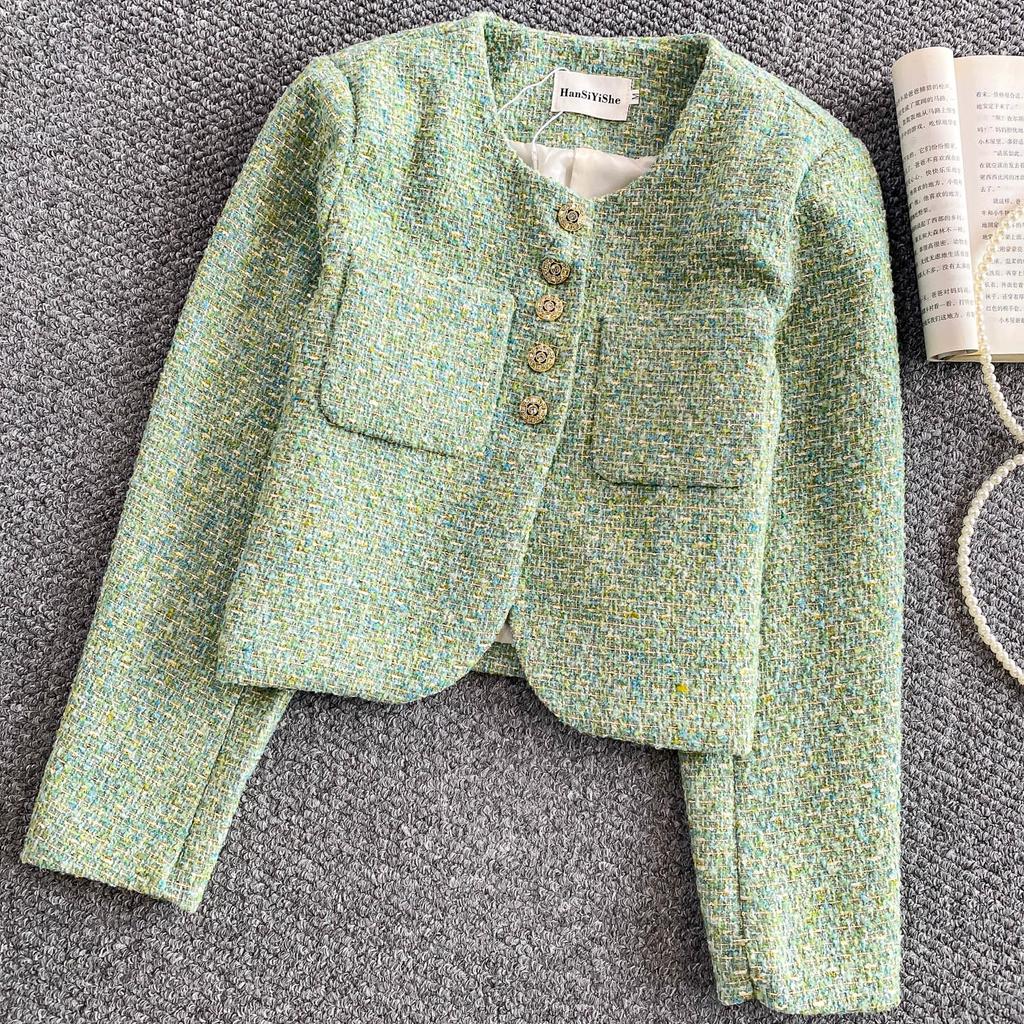 Autumn Winter Women Elegant Little Fragrant Wind Full Sleeve Single Breasted Tweed Short Jacket Coat With Pocket