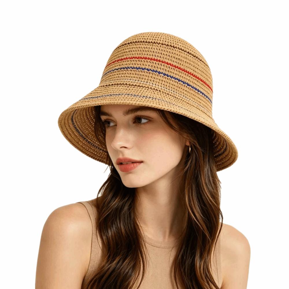 Color-Blocked Striped Knitted Hollow Fisherman Hat Vintage Style Bucket Sun Hat  Beach