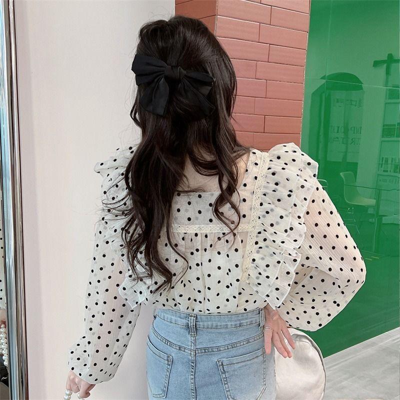 Francuska Stylowa Designerska Bluzka Chiffonowa z Długim Rękawem do Noszenia na Zewnątrz, Świeża w Kropki, Damska Jesienna Mała Bluzka