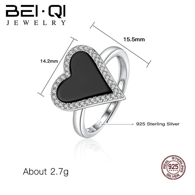 925 Sterling Silver High Quality  Luxury Women  Rings Loving Heart Band with Shell black agate   Valentine's Day  Jewelry Gifts