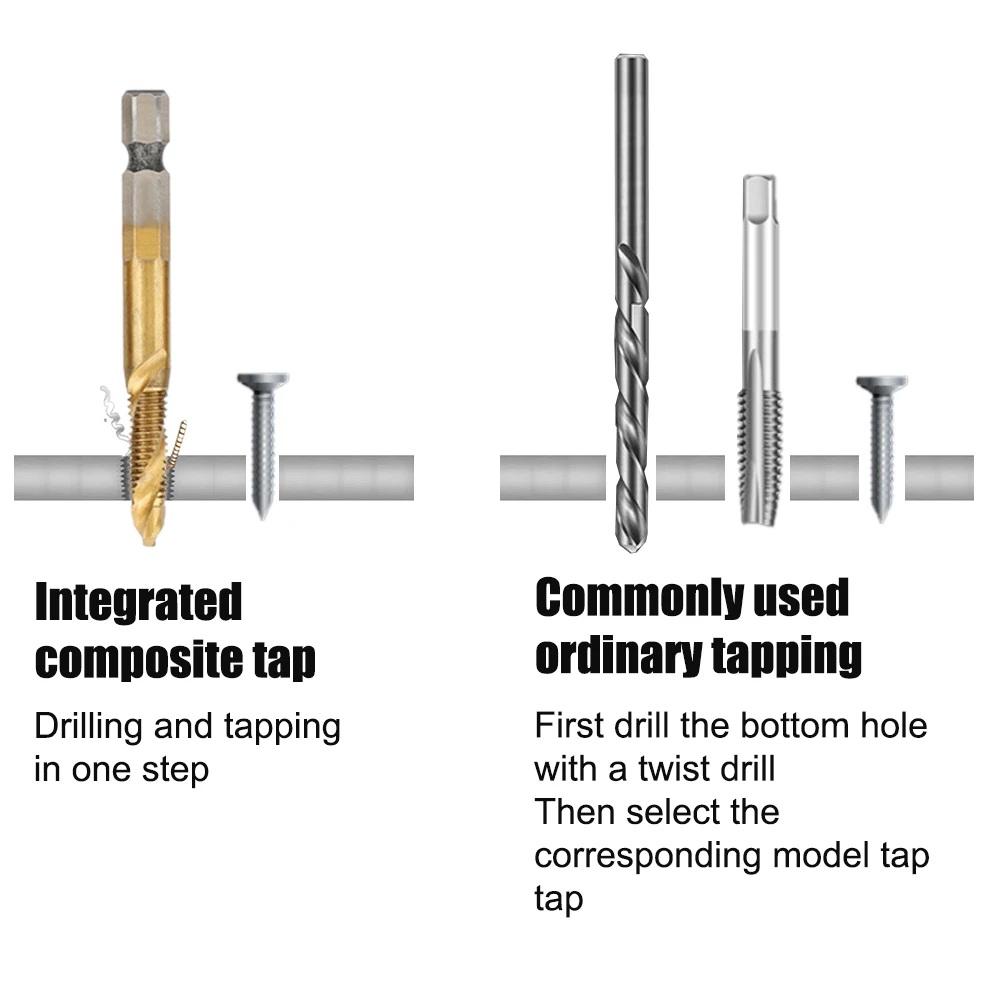 Compound Screw Tap Bit Set M3/4/5/6/8/10 Hex Spiral Tap Countersink Drill Reamer Titanium Soft Metal Tapping Chamfering Tools