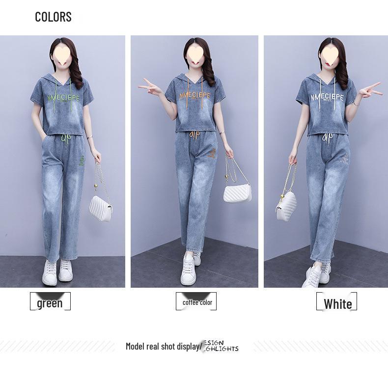 Plus Size Korean Style Denim Wide-Leg Two-Piece Set: Casual and Slimming with Embroidered Details