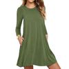Women's Round Neck Long Sleeve A-Line Dress High Waist Casual Swing Dress with Pockets