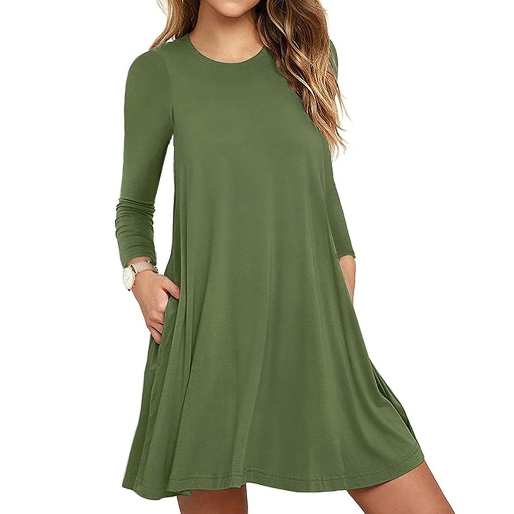 Women's Round Neck Long Sleeve A-Line Dress High Waist Casual Swing Dress with Pockets