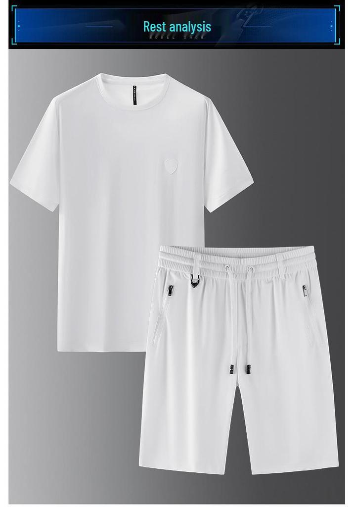 Men's Summer Set: White Short-Sleeve Sports Tee and Ice Silk Workwear Shorts, Casual & Loose Style 835