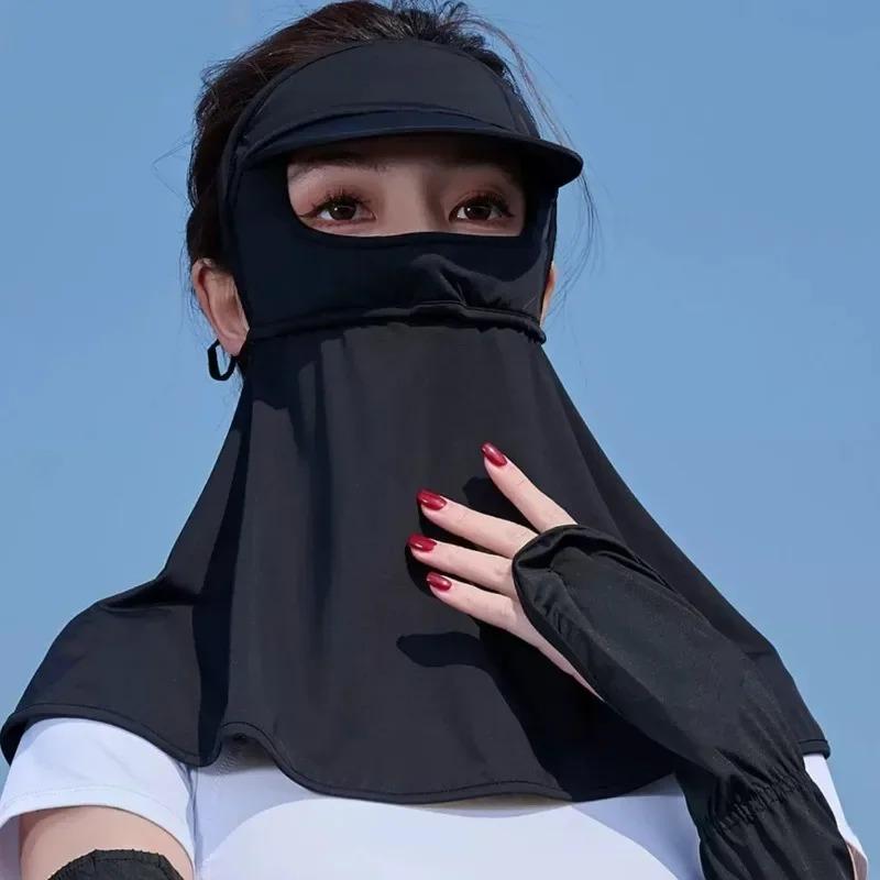 Ice Silk Sunscreen Hats Mask Women Men Summer Breathable Outdoor Sports Hat-brim Thin Traceless Facemask UV Protection Caps