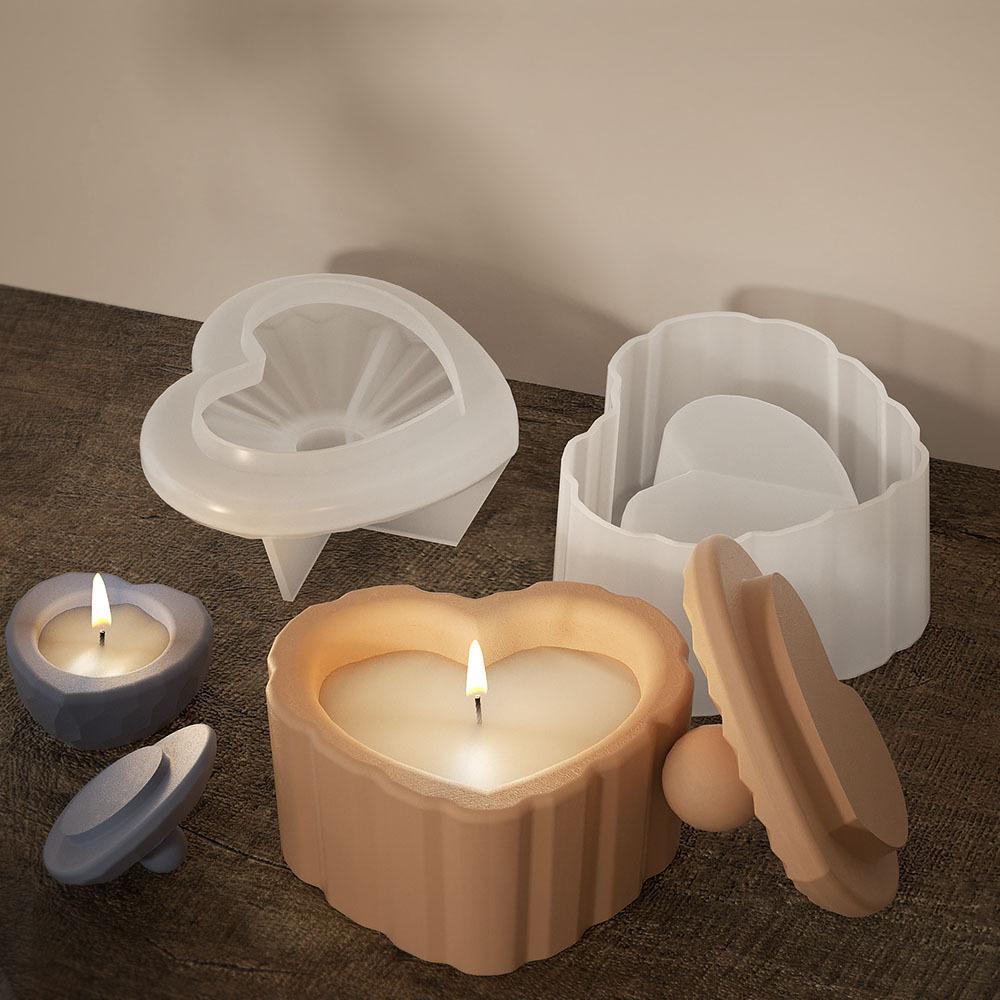 Heart-Shaped Stripe With Cover Candle Cup Silicone Molds DIY Cement Plaster Storage Jar Pottery Mould Concrete Art Making Decor