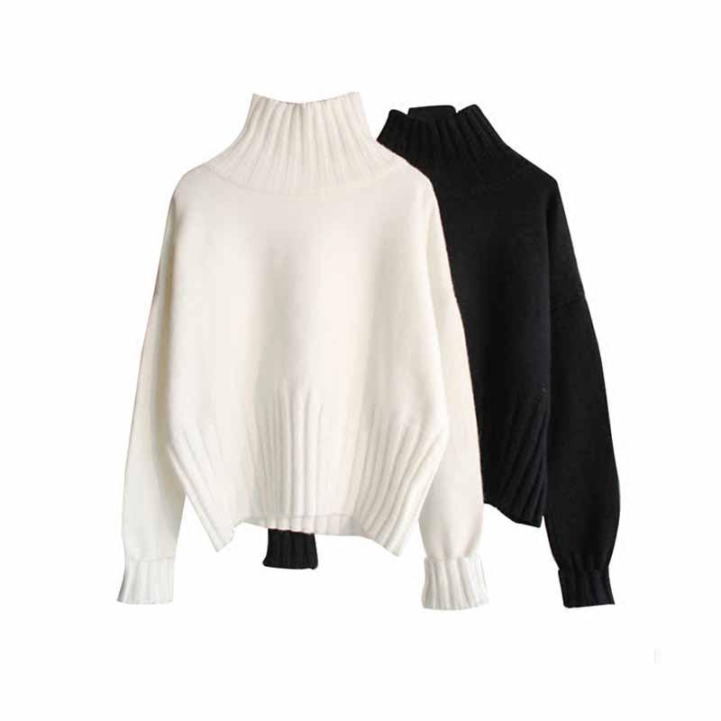 Black White Autumn Winter Sweaters Women Soft Thick Loose Fit Knitted Pullovers Long Sleeve Turtleneck Sweater