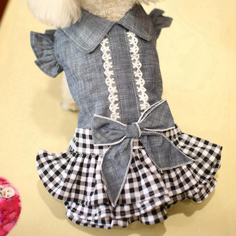 Summer Dogs Dress Pet Denim Plaid Dresses for Small Dogs Pomeranian Chihuahua Puppy Kitten Skirt Princess Dress Pet Clothing