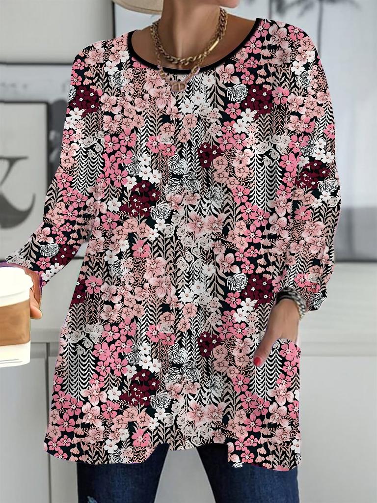 2025 Toamnă Iarnă Nou Topuri de Damă Mărimi Mari, Tricouri Fashion cu Mânecă Lungă și Guler Rotund cu Imprimeu Floral 3D