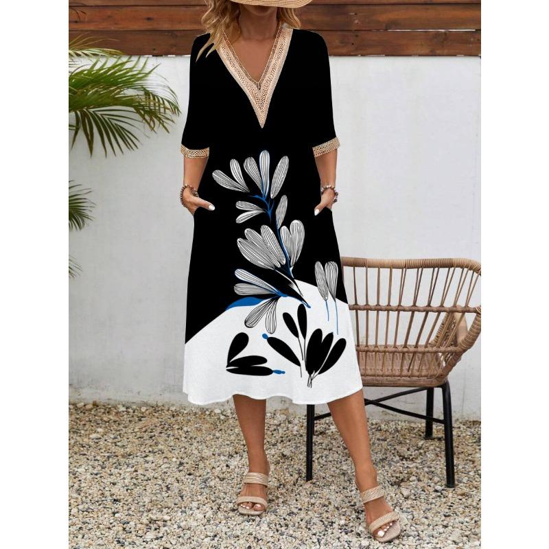 

Женское весенне-летнее платье с короткими рукавами и принтом, кружевное платье с V-образным вырезом и короткими рукавами средней длины XXXL