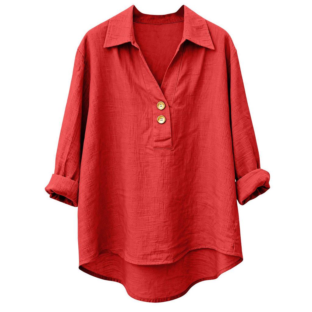 Women's Seven-Sleeve Cotton Linen Lapel Shirt - Solid Color, Casual, Breathable