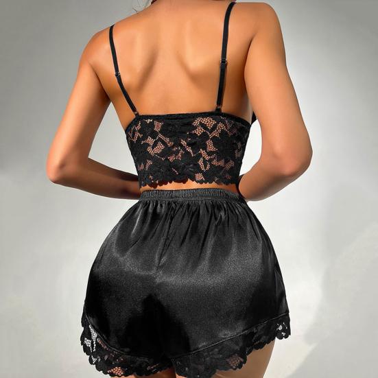 2 Pcs/Set Women Pajama Set Hollow Out Lace V Neck Backless Sleeveless Crop