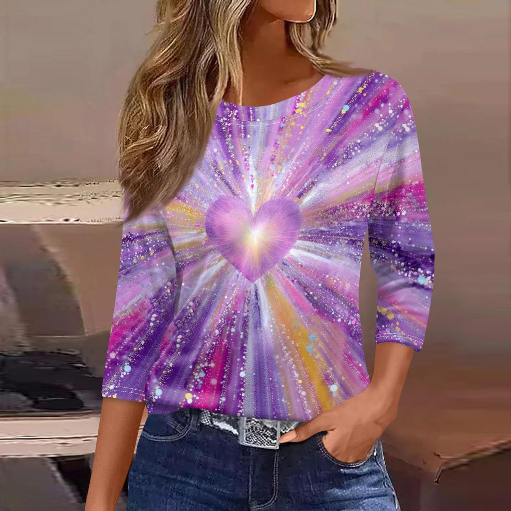 Women's Fashionable Casual Three Quarter Sleeve Printed Round Neck Top