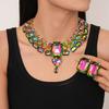 Exaggerated Inlaid Rhinestone Earrings Jewelry Set Square Necklace for Women Wedding Party Accessories