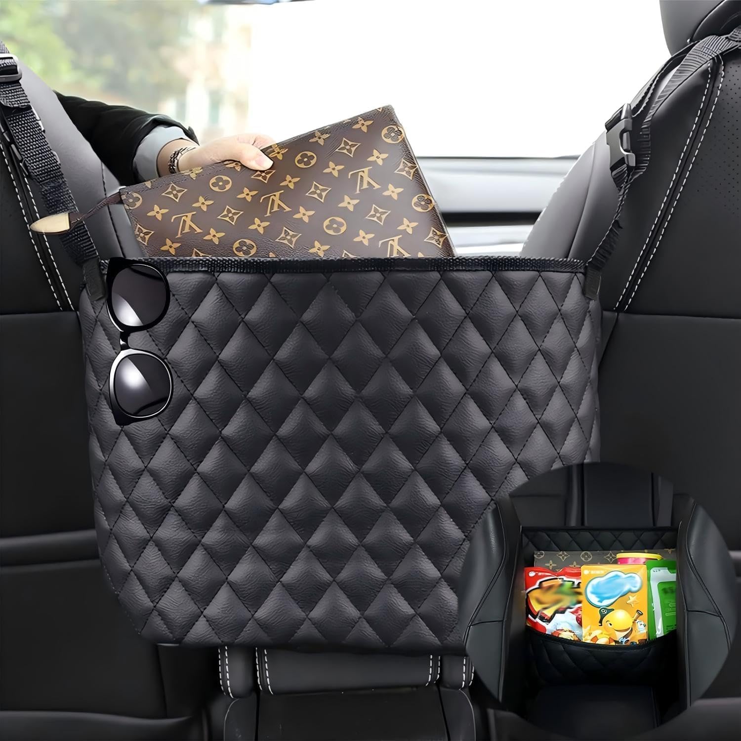 

Car Handbag Holder Between Seat Durable Leather Seat Back Organizer Pet & Kids Driver Storage Netting Pouch Driver Storage Netting Pouch (Upgraded чёрный
