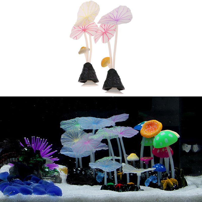Aquarium Décor: Luminous Lotus Leaf & Mushroom Ornaments