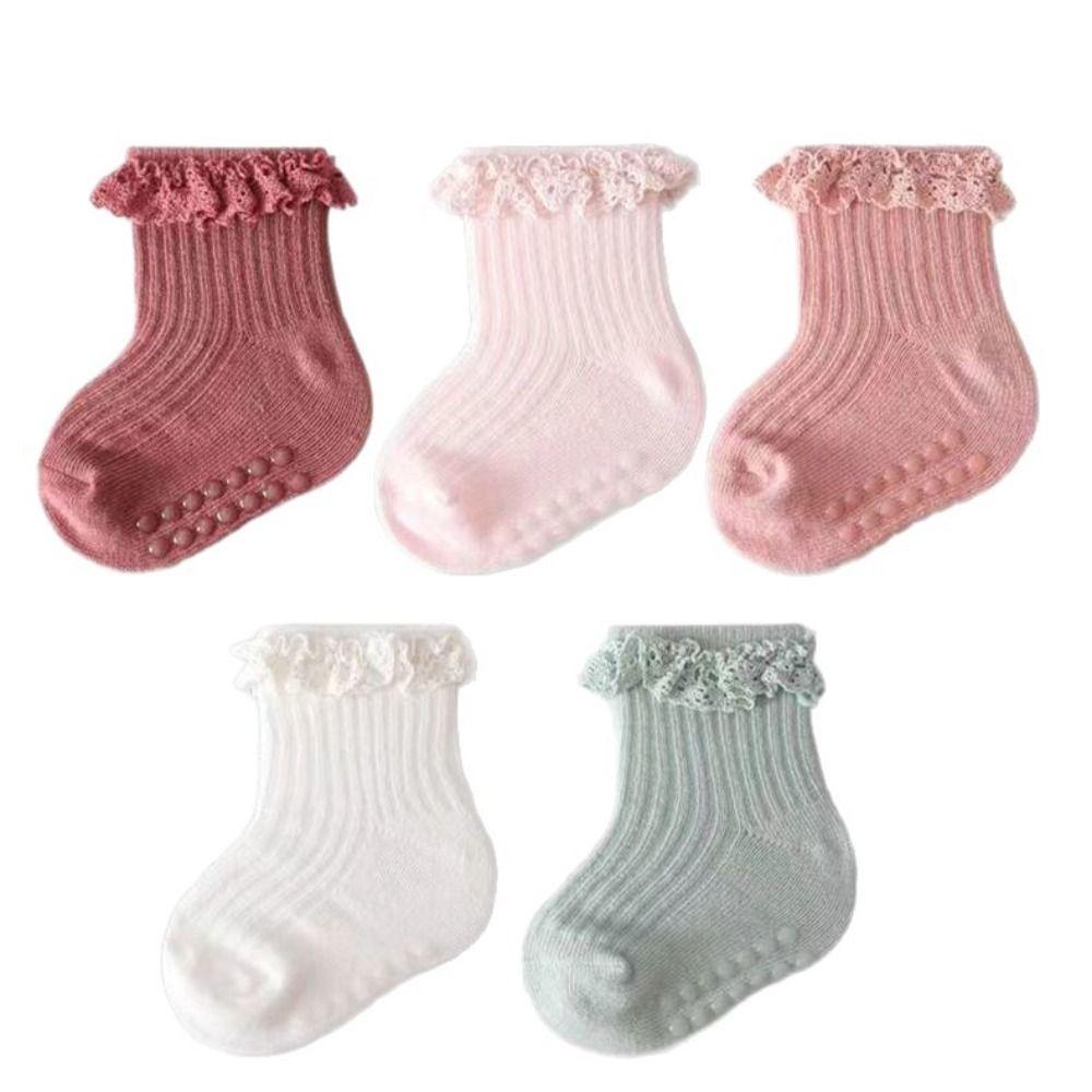 5Pairs Lace Kids Tube Sock Non-slip Toddle Walking Socks Sweet Baby Ruffle Socks  Princess