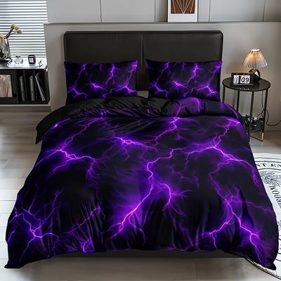 Purple Lightning Duvet Cover Queen Thunder Print Bedding Sets 3 PCS for Kids Teen Adults Violet Room Decor Soft Comforter Covers