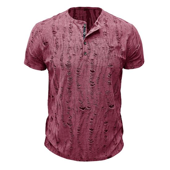 Summer Men Top Short Sleeves Round Neck Ripped Holes Buttons American Style Solid Color Shirt for Streetwear Daily Travel