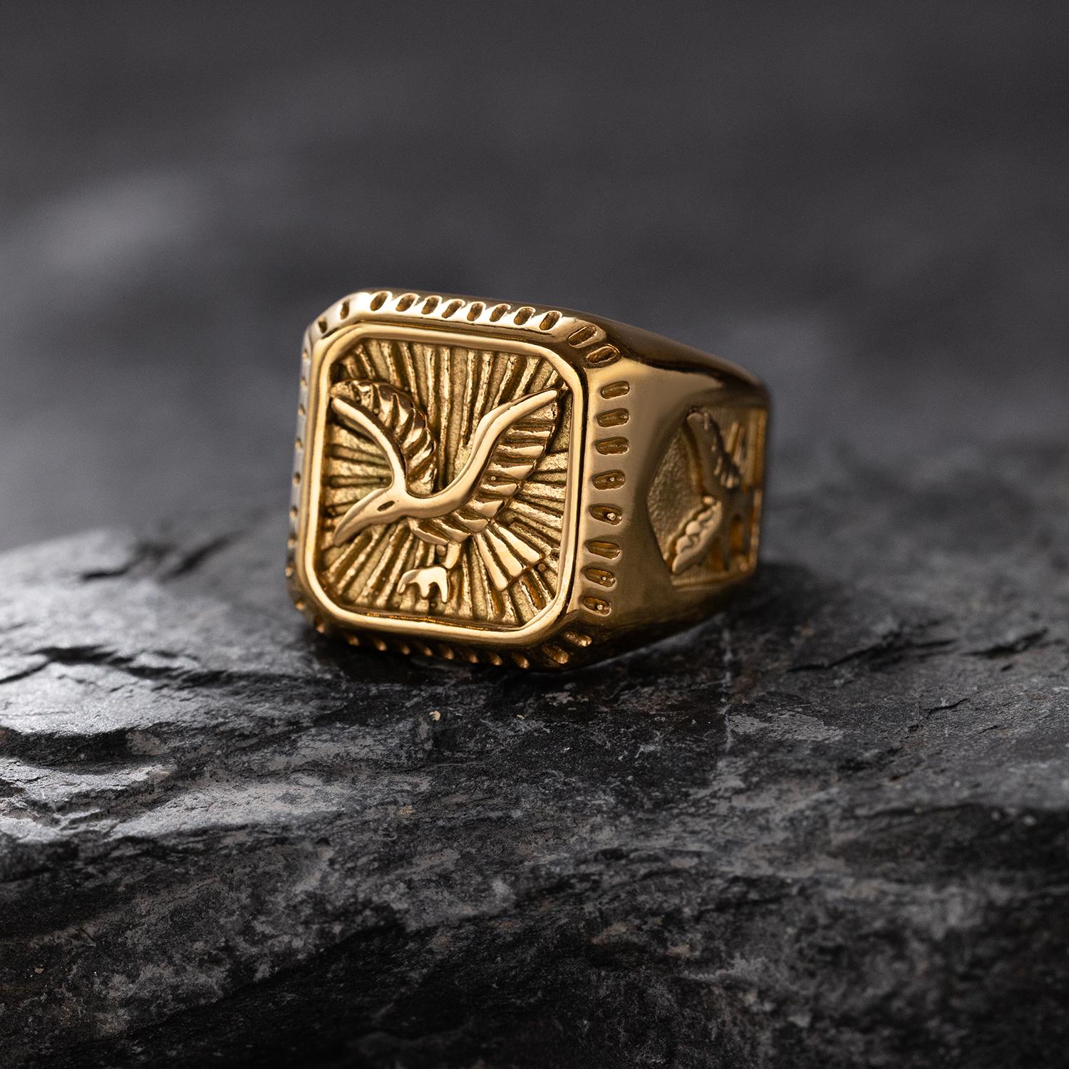 Men s Gold-Plated Bald Eagle Signet Ring - Stainless Steel Ring Band Jewelry 7